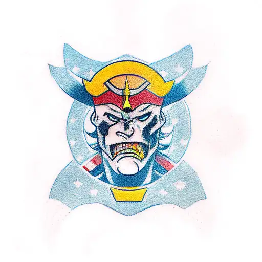 A Traditional Tattoo Design Of A Superhero Fighting Alongside A Group Of Samurai Against Hyenas