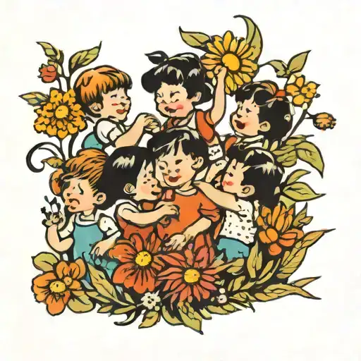 A Whimsical Tattoo Design Featuring A Group Of Playful Children Playing In A Field Of Flowers