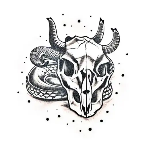 A Cow Skull In The Desert With A Rattlesnake Coiled Up At The Base Of It