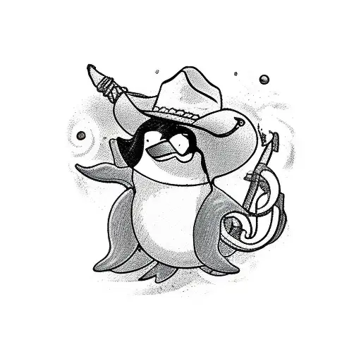 Cartoon Penguin Holding A Lasso And Wearing A Cowboy Hat Riding A Dolphin