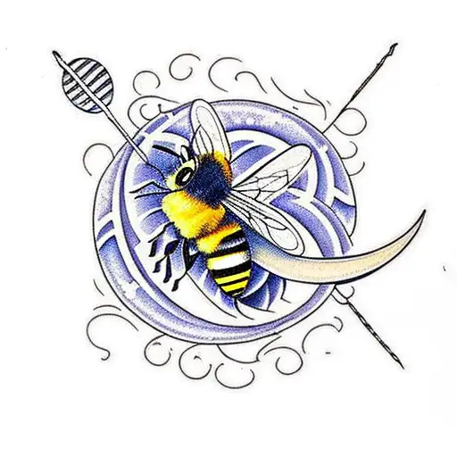 A Traditional Tattoo Showcasing A Bee And A Crescent Moon Surrounded By Intricate Floral Patterns
