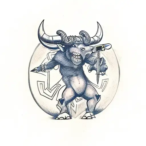 Minotaur With A Warhammer In A Middle Of A Labyrinth