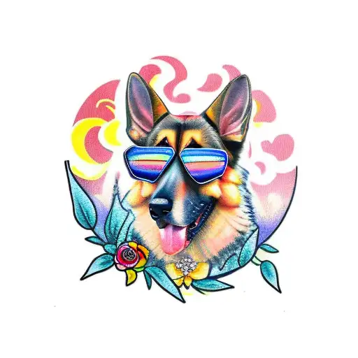 German Shepherd Dog With Flower Shirt And Sunglasses On Sunset Background