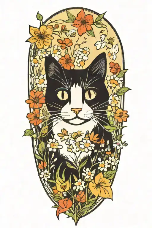 A Whimsical Black And White Cat Exploring A Field Of Wildflowers