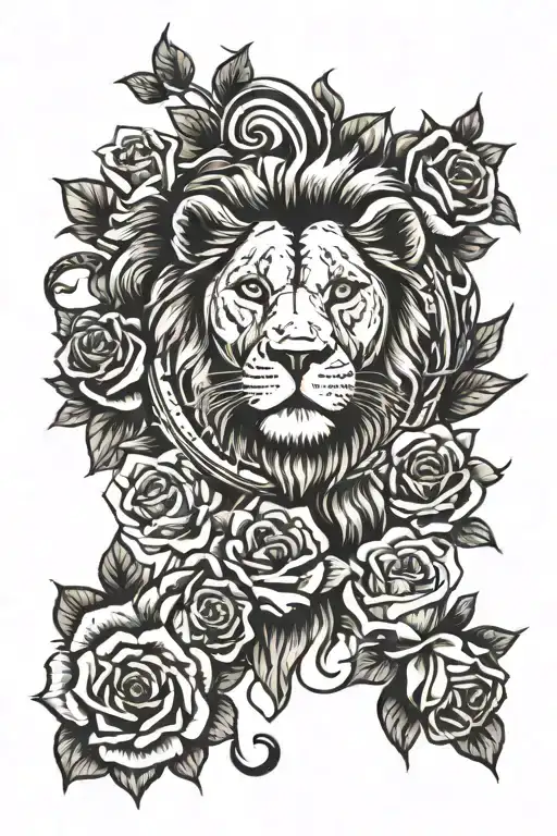 Lion Head Surrounded With Roses And A Clock