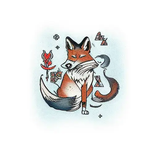 A Traditional-style Tattoo Of A Mystical Tarot Card With A Fox And Rat