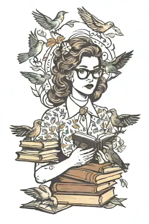 Female Librarian Surrounded By Birds And Books