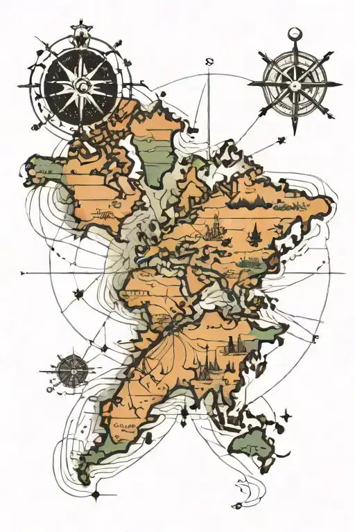 World Map With Compass And Lines
