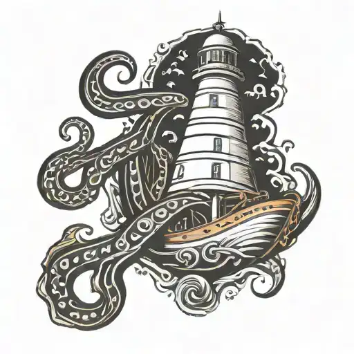 Nautical Ship With Lighthouse And Octopus Tentacles