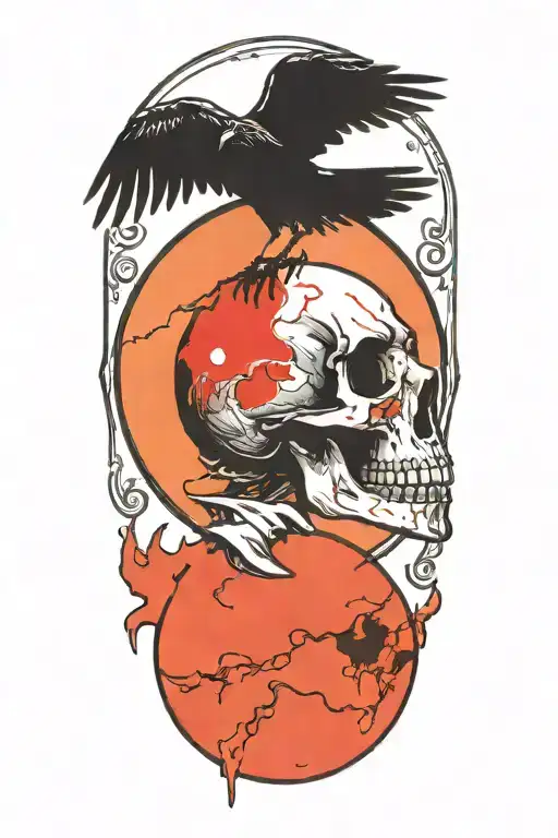 Raven On Skull With Blood Moon Background