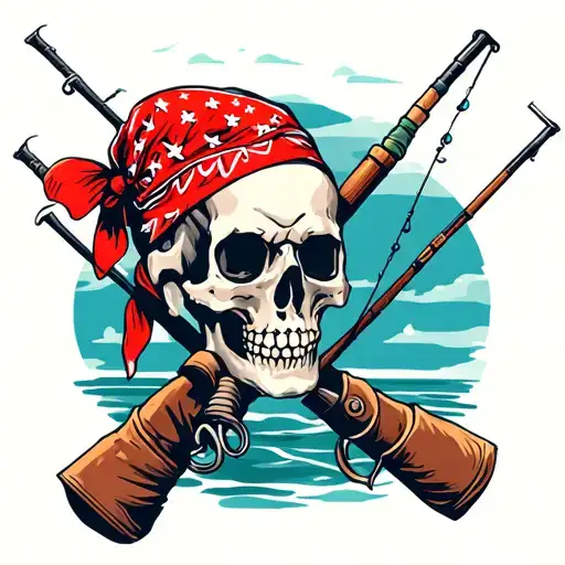 Skull Wearing Red Bandana With Fishing Poles Crossed