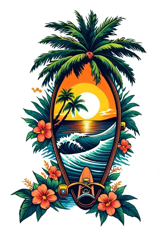 Longboard Surfboard With Wave And Sunset Scene Inside And Palm Tree And Flowers Around The Board