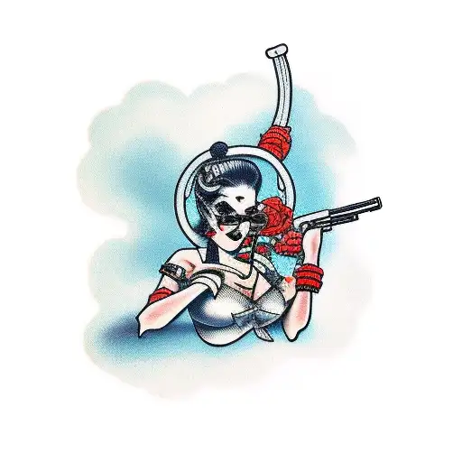 Craft A Tattoo Featuring A Hot Woman Holding A Gun With Love And Death Intertwined In The Background