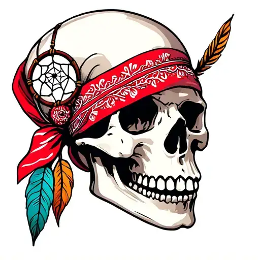 Red Bandana Wrapped Around A Skull With A Dream Catcher