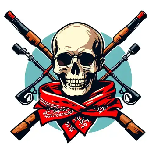Red Bandana Wrapped Around A Skull With Fishing Poles Crossed Behind It