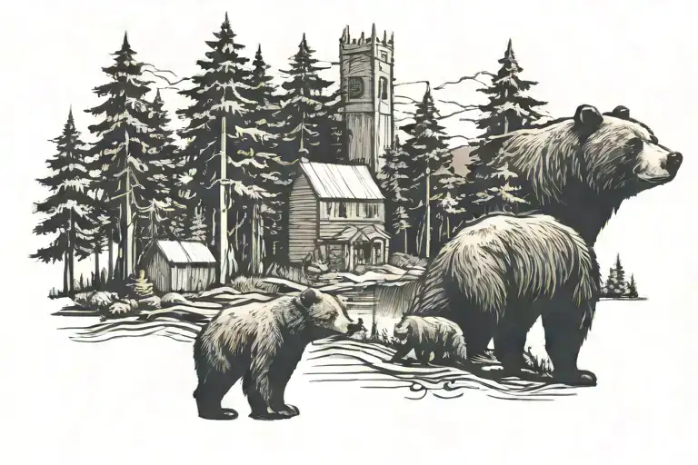 A Bear Family Exploring A Forest With A Subtle Church Silhouette In The Background