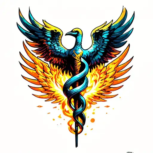 Caduceus Blended With Phoenix Risingfrom Ashes Symbolizing Overcoming