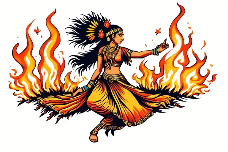 Indian Woman Dancing Around Fire Flames