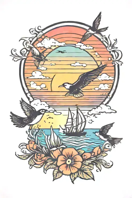 A Beach Theme Tattoo With A Sunset And Birds In The Colorful Sky