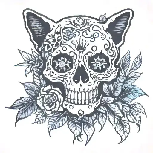 Cat Skull Surrounded By Plants