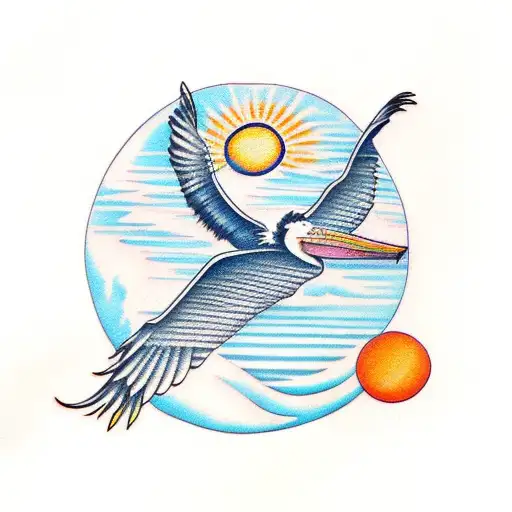 Pelican Flying Accross An Orange Sun
