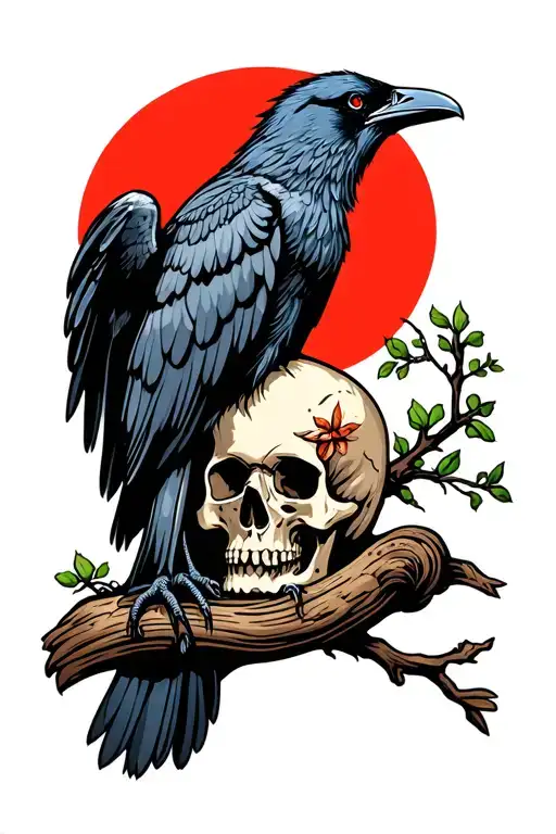 Traditional Style Raven With Open Wings On A Skull In Front Of A Blood Moon