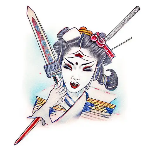 Geisha Katana With A Kimono Con Detalles En Lineas Rojas