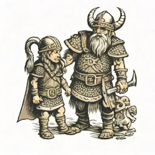 Viking Warrior With 2 Young Boys Holding Hands
