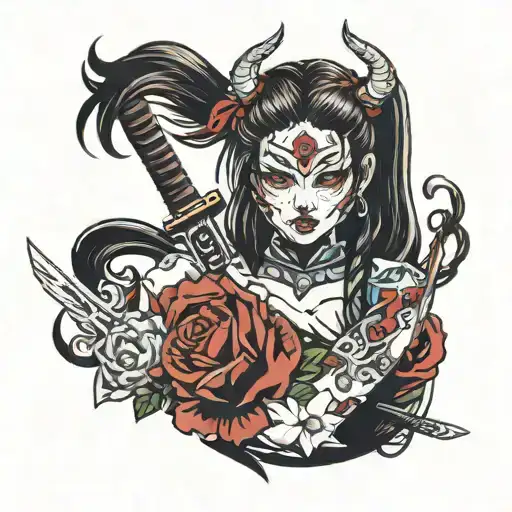 Beautifull Anime Girl With Oni Mask And Bloody Katana In Hand