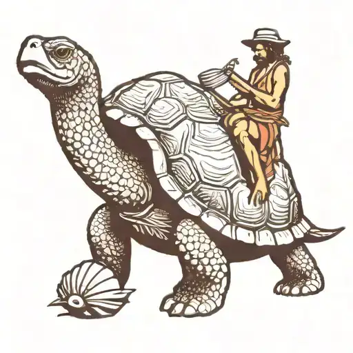 Turtle Riding Camel On Beach Elements Like Seashells