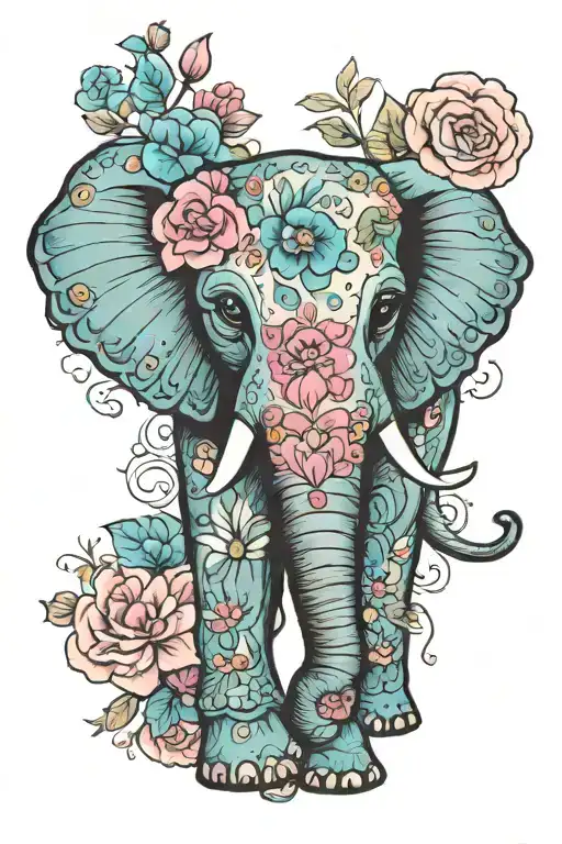 Day Of The Dead Elephant Pink And Blue Flowers