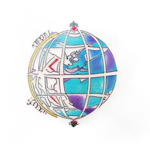 A Minimalist Tattoo Of A Globe With Colorful Language Symbols Inside