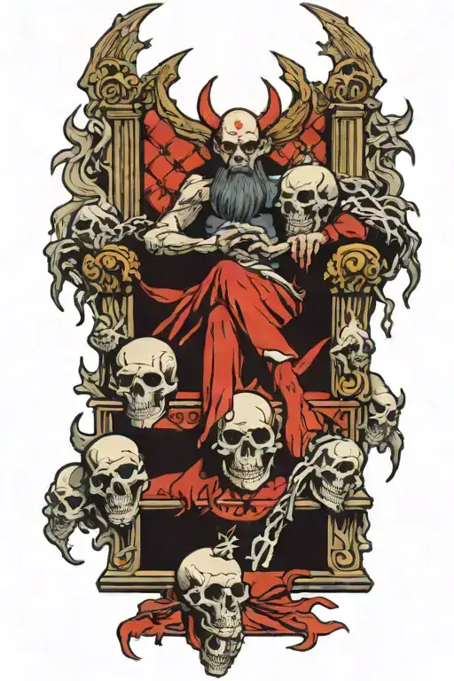 Demon Sitting On A Throne Of Skulls With Red Eyes
