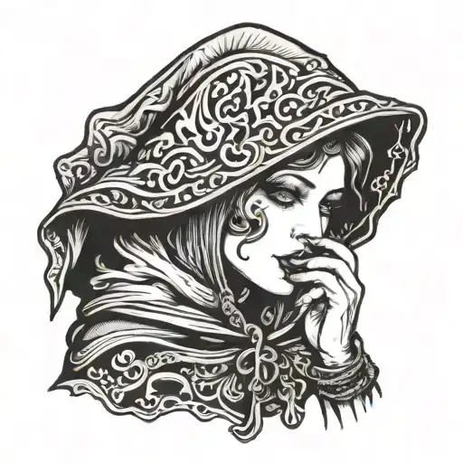 Hooded Goth Woman With Hand Up To Mouth