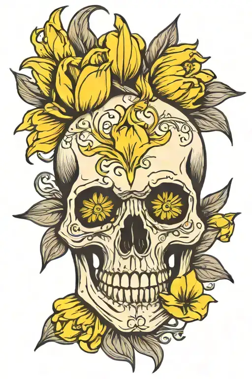 Skull With Yellow Tulip Flower