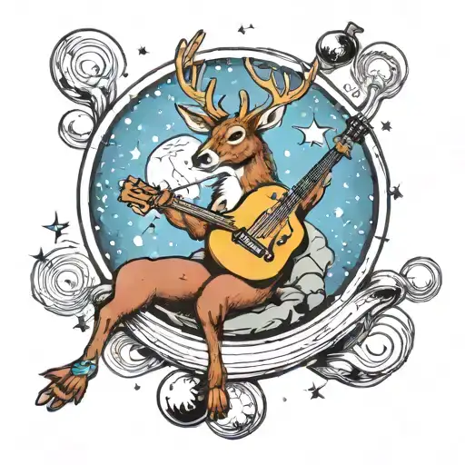 Deer Playing Guitar In Space Sitting On A Planet With Rings