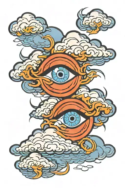Blue Eye In A Japanese Style Cloud With Lightning Below The Cloud And Through The Cloud