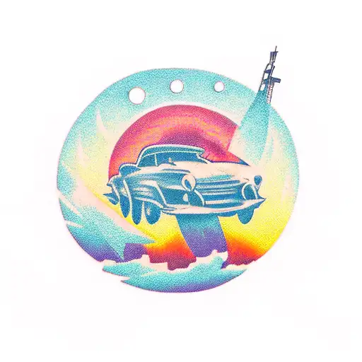 A Silhouette Of A Car Being Wrapped Against A Vibrant Sunset