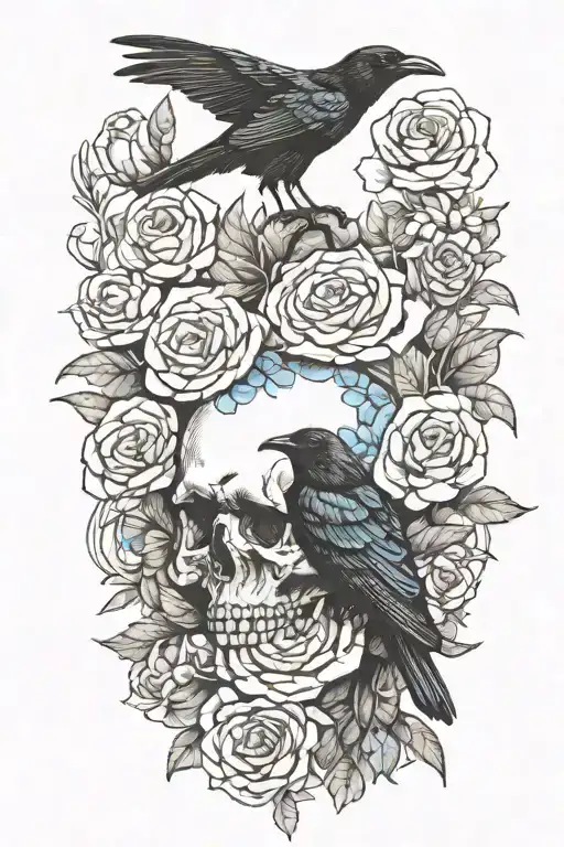 Raven On Skull With Blue Roses