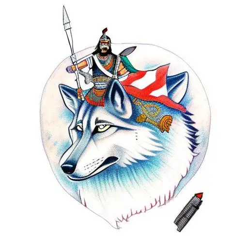 An Indian Warrior Riding A Wolf Into Battle
