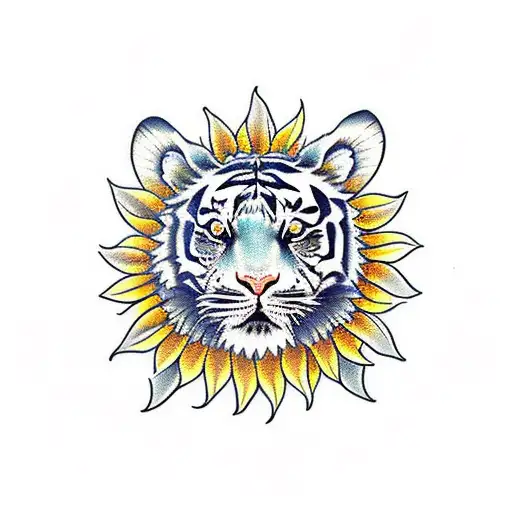 Baby Tiger Under A Sunflower