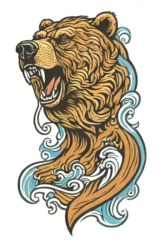 Grizzly Bear Head With Water Waves