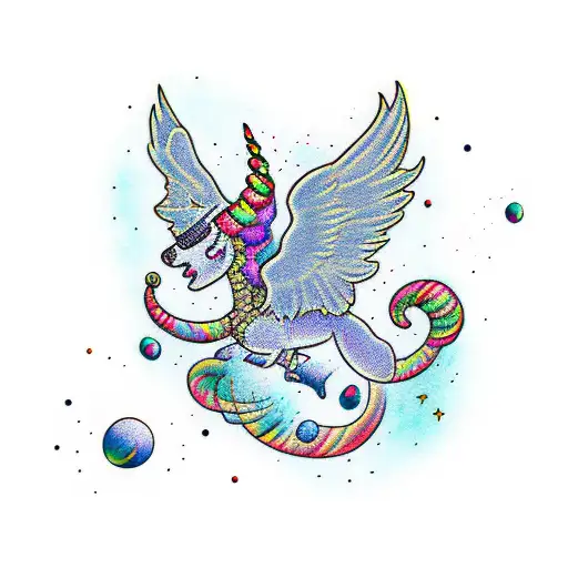 Lady Rainicorn Flying Through A Colorful Galaxy