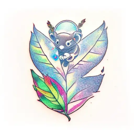A Traditional Style Tattoo Of A Super Leaf Transforming Into A Tanooki Suit With A Galaxy Background