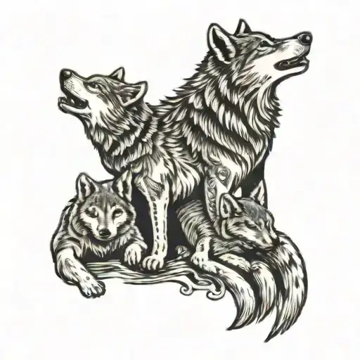 Wolf And Two Cubs Playing