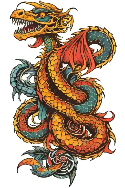 Dragon Skeleton Interrwined With Colorful Snake