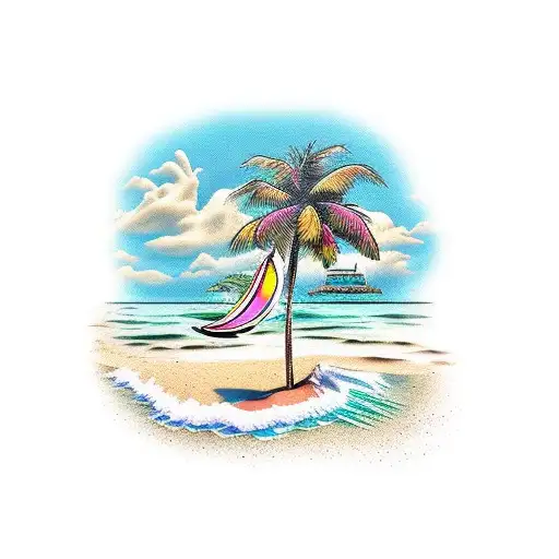 Beach Island With A Palm Tree And Two Pairs Of Flip Flops On The Beach