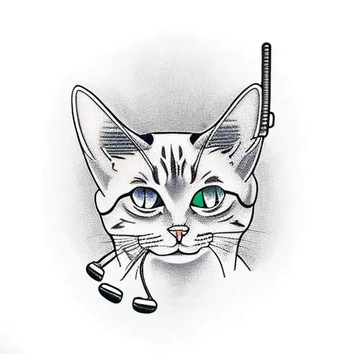 A Traditional Style Tattoo Of A Cat Wearing A Headset And Surrounded By Electronic Music Symbols
