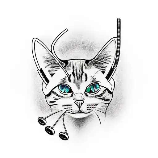A Traditional Style Tattoo Of A Cat Wearing A Headset And Surrounded By Electronic Music Symbols