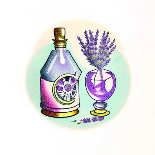 Potion Bottle With Lavender Bunch Tied To Bottle And Crystal Plugging Bottle Top